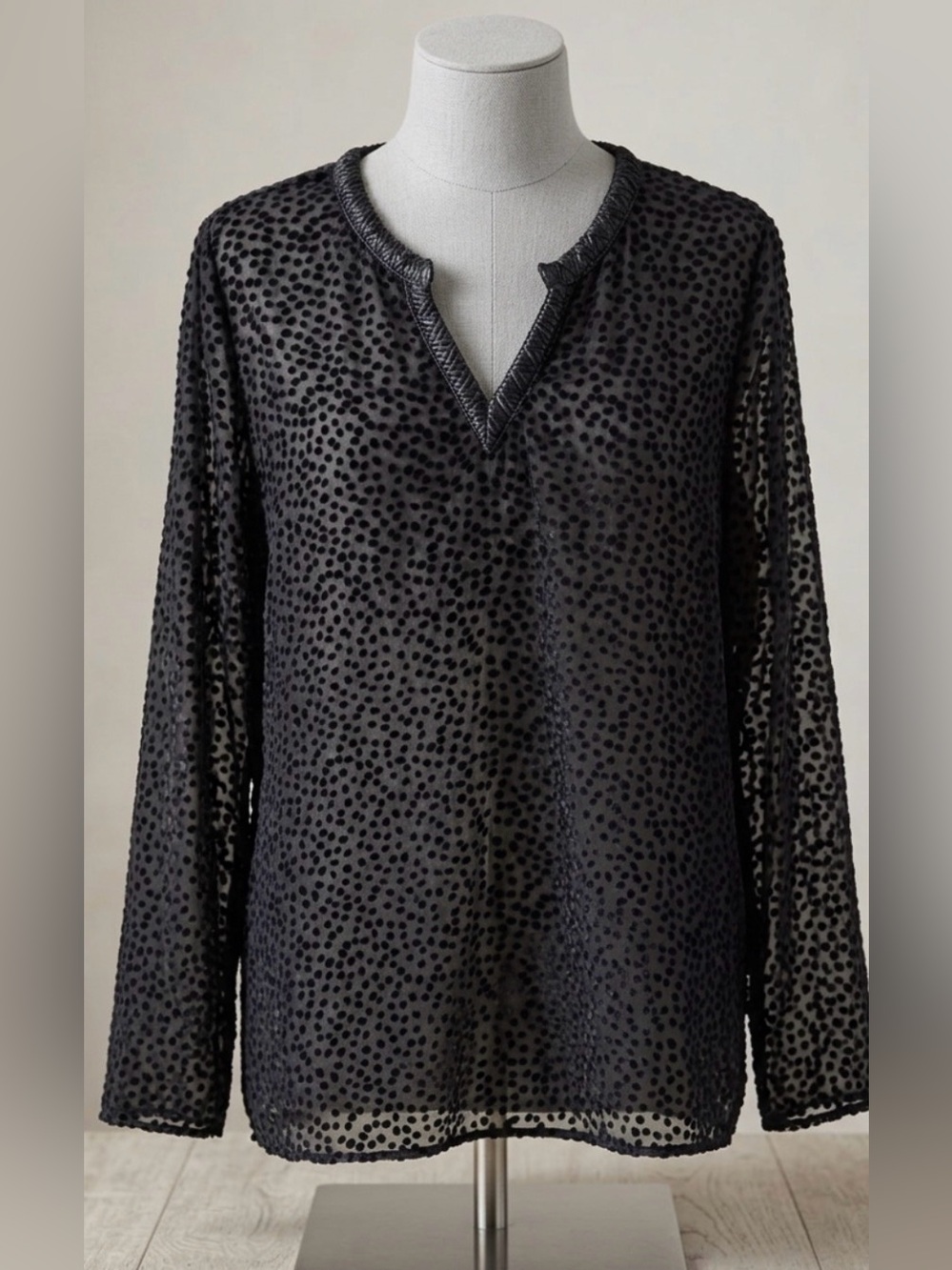 Saks Fifth Avenue Black Sheer Dot-Print Long Sleeve Blouse